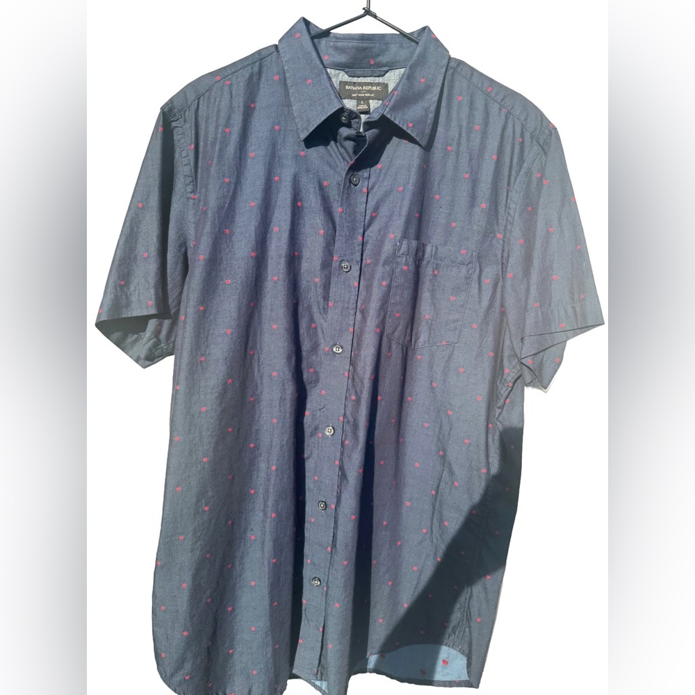 Banana Republic Navy Short-Sleeve Button-Down with Pink Dot Pattern
